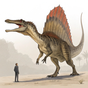 Digital illustration of Spinosaurus aegyptiacus. Has elongated body, large dorsal fin, broad head with elongated snout. Includes small human figure for scale comparison. Simple neutral background, detailed realistic style emphasizing anatomy.