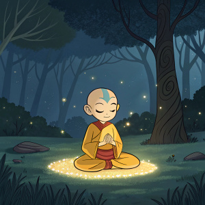 Aang from Avatar: The Last Airbender, meditating in a serene forest clearing. Glowing light surrounds him, illuminating the night.