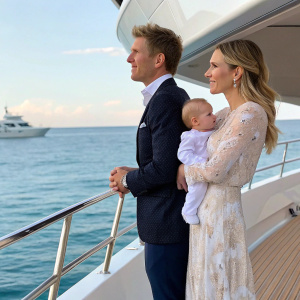 Jamie McMurray, NASCAR champion, and his family at a luxury yacht event. Wife Christy, holding their baby. They stand on deck overlooking the ocean.