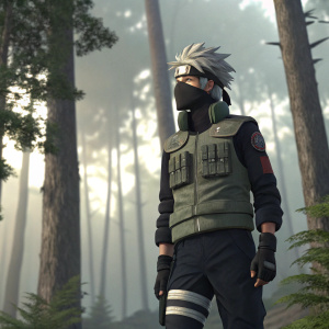 3D digital rendering of Kakashi Hatake from Naruto. Wearing ANBU gear, standing in a forest scene.