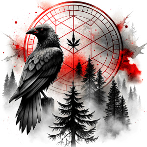 vegvisir runes pattern geometric symbols - raven and trees - tattoo design - perfect realistic art - high-definition - grey and black - white background 