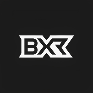 Modern logo design for BXR. White text on black background. Strong, angular font.