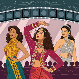 Vintage Bollywood Fashion: A journey through the decades. Featuring iconic looks from the 70s and 90s. Film poster style frame