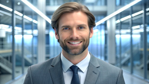 portrait of successful  businessman consultant looking at camera and smiling inside modern office building