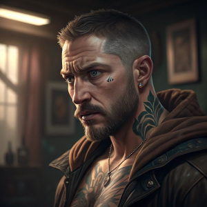 Tom Hardy, intense expression, short hair, facial tattoo. Shot in a dimly lit room with blurred background, focusing on upper body and face
