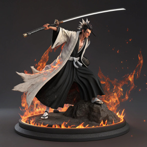 3D model of Kenpachi Zaraki from Bleach. Displayed on a platform with fiery effects. Kenpachi is depicted in an aggressive posture, wielding a massive sword. Darkened backdrop