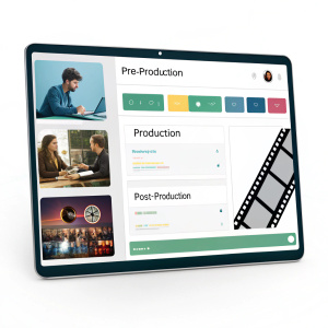 Screenshot of a digital project management tool. Interface in Spanish, lists various stages of film production.