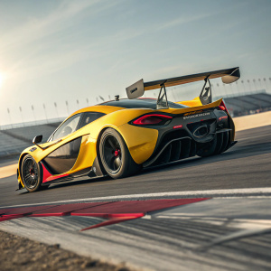 A sleek yellow and red McLaren P1 GTR racing car. On the track with its powerful exhaust pipe and aerodynamic wing.