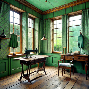 Old tailor shop with half-wood paneling green blue wall paper  on the walls. There is a single window and a curtain on the window. An old sewing machine. A large table for making dress patterns. Wooden furniture on the wall, filled with reams of fabric. A glass cabinet full of sewing accessories. Landscape paintings on the walls. Ironing and ironing. table.Trial cabin in the corner.Retro old lamp on the ceiling