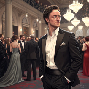 James McAvoy in a sleek black suit and crisp white shirt, posing confidently at a crowded gala event.