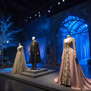 A stunning exhibit of Harry Potter Yule Ball costumes. Mannequins adorned in elegant and intricate attire. Against a dramatic, blue-lit backdrop. Curated fashion display.