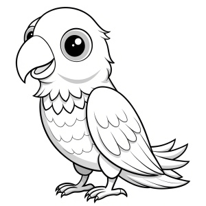 cute parrot, coloring book page, simple and clean line art, chilren drawing book, black and white, crisp black lines, sharp lines, simple coloring page for kids, cartoon style