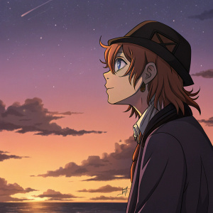 Chuuya Nakahara from Bungou Stray Dogs. Side profile, sunset sky background, thoughtful look.