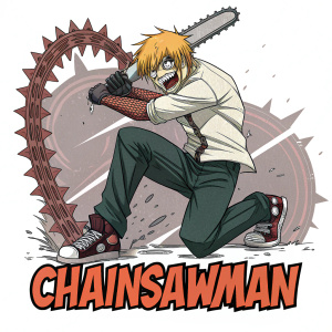 Cartoon depiction of Denji from Chainsaw Man. Denji with a fierce expression, crouching in action pose. Surrounded by intricate mechanical details. 'CHAINSAWMAN' logo prominently displayed at the bottom. Comic book art style