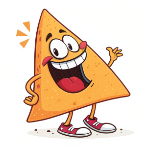 Illustration of Doritos mascot with a wide grin. Cartoonish style, no shading