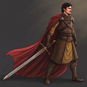 Digital artwork showcasing Prince Oberyn Martell, 'The Red Viper', from Game of Thrones. The character, a male, is depicted with a resolute expression, dark hair, and intense gaze. He wears a brown medieval attire complemented by armor and a flowing red cloak. Standing confidently with a long sword featuring a detailed golden hilt against a dark, neutral backdrop.
