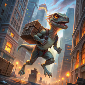 un raptor corriendo por la ciudad, cargando  un caja 