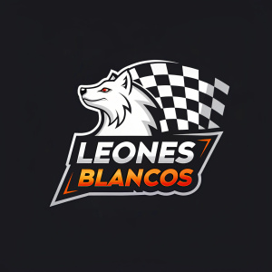 Leones Blancos logo, featuring a sleek white wolf-like mascot. Checkered flag design, bold text. Set against a black background