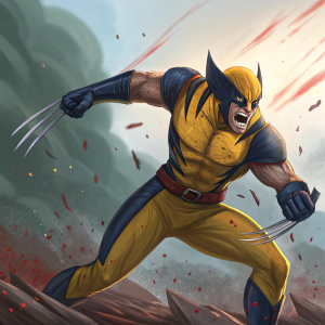 Colorful digital art of Wolverine in an intense battle scene. Dynamic poses, powerful stance, detailed shading, vibrant colors