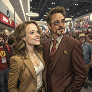 Rachel McAdams and Robert Downey Jr. at a bustling Comic-Con convention. Robert is dressed in a stylish brown suit. Crowded hall with enthusiastic fans