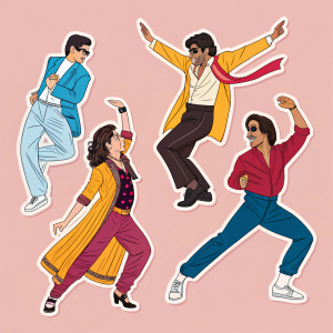 Digital illustration of Bollywood dance stickers featuring dynamic poses from famous films. Vibrant hues and diverse outfits reflecting various dance styles. Each sticker captures iconic moments and expressions from Bollywood classics.