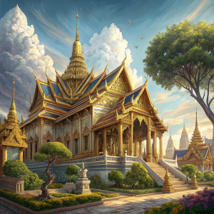 A majestic view of the Grand Palace in Bangkok, Thailand, featuring elaborate gold structures and intricate designs.
