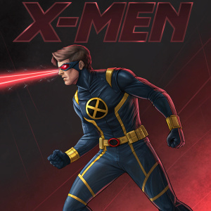 Digital art featuring Cyclops from X-Men. He is in a dynamic stance, wearing a superhero costume with an 'X' symbol. The backdrop is dark and red. The words 'X-Men' in bold font.
