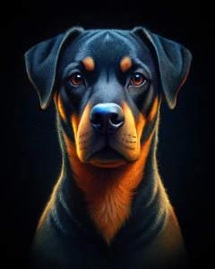a portrait of a rottweiler on a black background