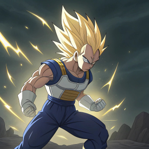 Vegeta from Dragon Ball, standing in an intense fighting stance. Glowing aura, glowing eyes, dramatic dark backdrop.