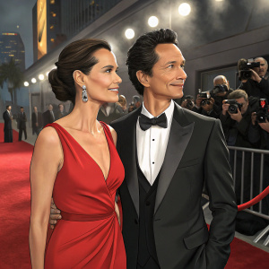 Benjamin Bratt and Talisa Soto arriving at the Gotham City Film Awards, both in stunning evening wear. Talisa in a vibrant red dress, Benjamin in a classic black tuxedo.