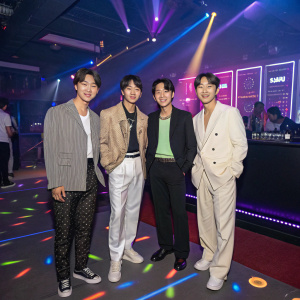 K-pop group B1A4 members Gongchan, Sandeul, Jinyoung, Baro, and CNU at a nightclub launch event. The vibrant venue features neon lights and a DJ booth.