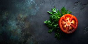 cut tomato and a dark background with herb