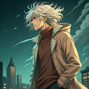 Accelerator, character from Toaru series, in vibrant anime-style illustration. Dark teal background with cityscape. Wavy hair, intense gaze, brown sweater and beige jacket