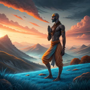 Illustration of Dhalsim, Street Fighter character. Dark, focused expression. On blue grass field at sunset, with mountains in background.
