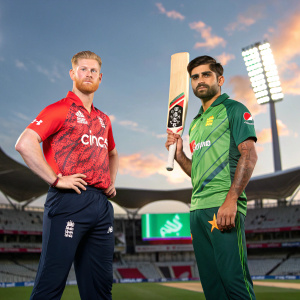 Ben Stokes and Babar Azam posing in a photo studio. The backdrop mimics a cricket stadium with bright advertisements and a clear blue sky.