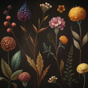 DARK BROWN  background botanic  , watercolor VINTAGE 
 image with dark brown   background , brown  VIBURNUM  , TUMERIC CRASPEDIA ,ASTRANTIA ,hollyhock ,CORTADERIA ,BRASSICA,DAUCUS ,snapdragon,ERYNGIUM, achillea   ,SCABIOSA,STONE LATHYRUS,  achillea, physalis , watercolor, dark brown  background FOR WRAPPING PAPER BOHEMIAN 