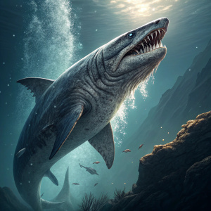 Digital artwork featuring frilled shark. Dramatic 3D-inspired style. Majestic pose, detailed textures, dramatic lighting