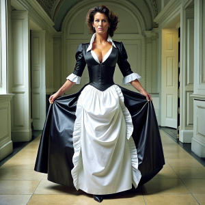 50 yo humiliated slim brunette in extremely tight Victorian french maid uniform in black satin with white apron.  Very slim corseted waist and big bosom spilling out. Long puff sleeves. Floor length wide skirt. Welcoming guests at the entrance hall in Carlton Towers. side view