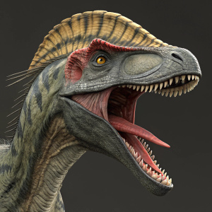 A digital 3D model of a Dilophosaurus head. Detailed and realistic rendering of a prehistoric dinosaur. Wide-open mouth with sharp teeth. Reddish colored throat and unique cap-like structure with patterned texture.
