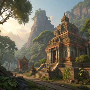 A 3D rendering of a World of Warcraft landscape featuring a grand, ancient temple with elaborate carvings and vibrant earth tones. The temple sits within a lush, detailed environment filled with dense foliage and intricate architecture.