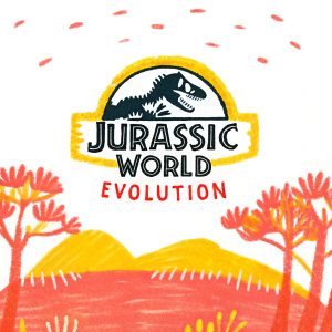 Illustration for Jurassic World: Evolution video game. The iconic Jurassic Park logo prominently featured at the center, surrounded by a vibrant, prehistoric landscape filled with lush greenery and towering dinosaurs. Vibrant colors and detailed artwork bring the scene to life.