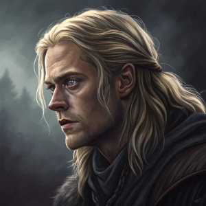 Digital artwork of Randy Alter, a character with long blonde hair and intense gaze. Dark and moody atmosphere, high contrast and detailed shading.