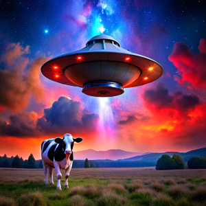 Spaceship kidnapping a cow, that cow is floating below the ship