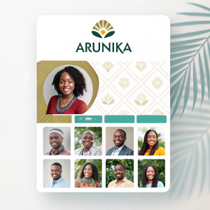 Digital design featuring the Arunika logo alongside multiple small profile images in a grid format.