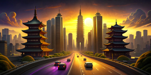 Chinese city with skyscrapers, road in the middle of image with cars