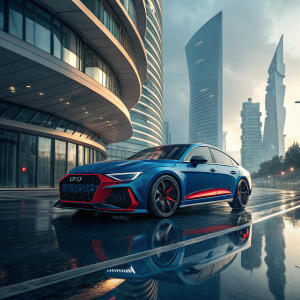 A sleek blue and red Audi RS7 car, part of a futuristic cityscape. Digital art blend, reflective surface on glossy road. Modern architecture, curved buildings. Detailed lighting and shadows.