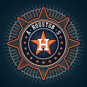 Mystical emblem for Houston Astros. Majestic letter 'H' surrounded by celestial aura. Dark hues with flashes of orange and metallic sheen.