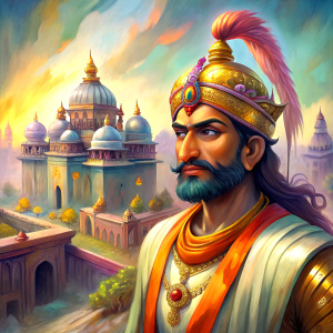 A grand palace in Ayodhya. King Dasharatha (pensive): "My sons, Rama, Lakshmana, Bharata, Shatrughna, you are the pride of Ayodhya!"