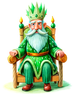 king dwarf, white background, green accessories, sitting on a throne