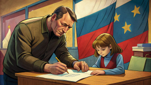 russian man signing up papers with a daughter brown hair bangs in a voting booth comic style